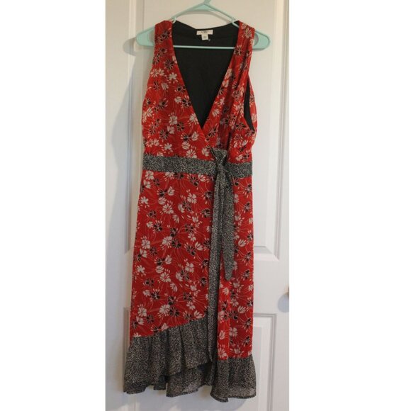 Catos Red Floral Midi Wrap Dress Women's 22W V-Neck Tie Waist Ruffle Tulip Hem - Picture 1 of 7